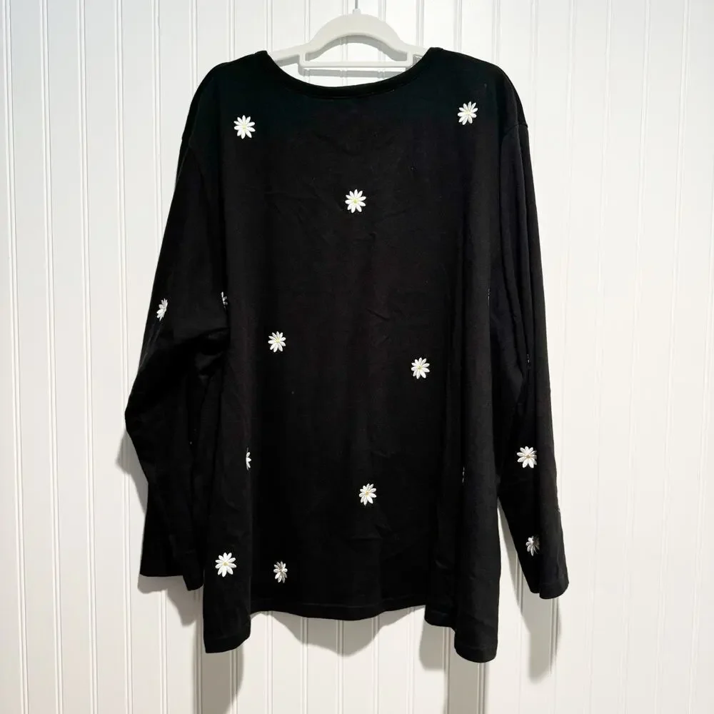 Quacker Factory Black Daisy Embroidered Cardigan Sweater Cotton Plus Size 3X